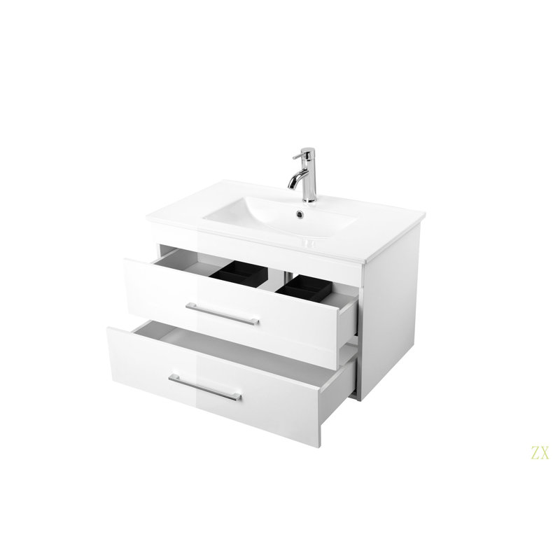 Ce meuble-lavabo mural de 32 pouces avec tiroirs doubles, système de fermeture en douceur, lavabo en céramique crée un espace de salle de bain moderne et minimaliste