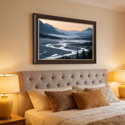 Art mural antique sur toile encadré doré pour le salon, la chambre à coucher, le bureau ou le vestibule - décoration murale décorative avec rivière de montagne