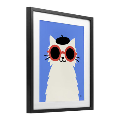 Stylish French Cat Framed Print Under Glass, design by Jessica Beck