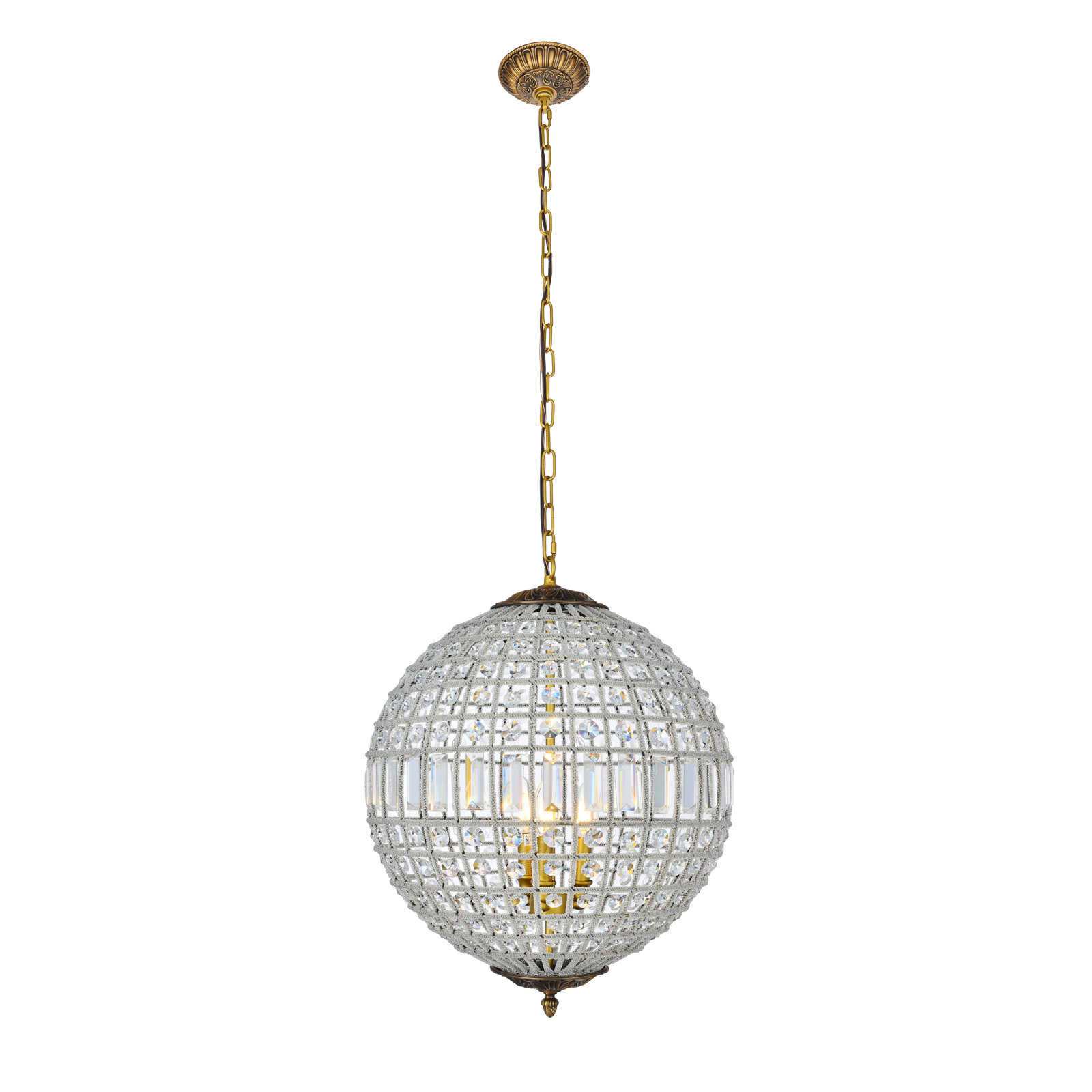 Rola Steel and Crystal Dimmable Globe Chandelier, French Gold, 3 Lights
