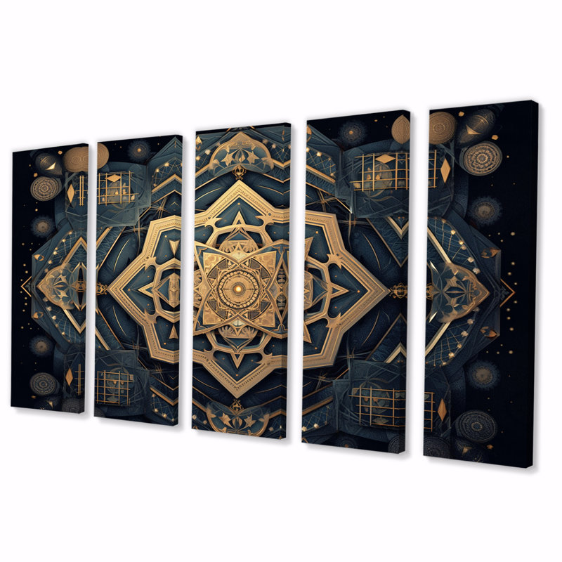 Mandala géométrique en or II - salon Boho Mandala Wall Art - 5 panneaux égaux