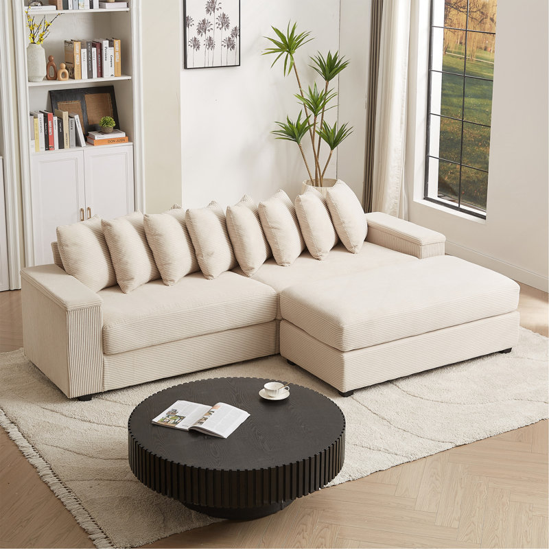 Canapé en L surdimensionné avec méridienne Luxe, Velours côtelé beige