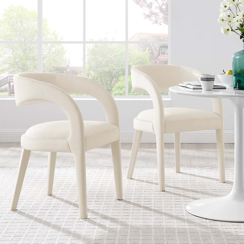 Ivory Velvet Upholstered Dining Chairs with Curved Backrest, Set of Two