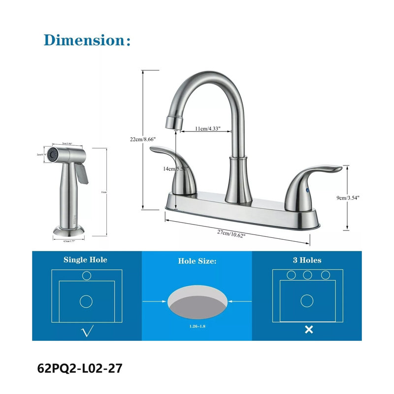 Ensemble de robinetterie de salle de bain Mosson en nickel brossé à deux poignées avec douchette latérale et bec haut