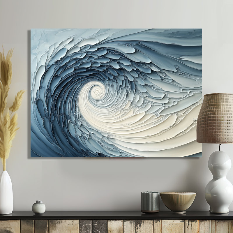 «Blue and White Coastal Spiral Of The Ocean II», formes abstraites, impression sur métal, H 12 po x l 20 po x P 0,84 po