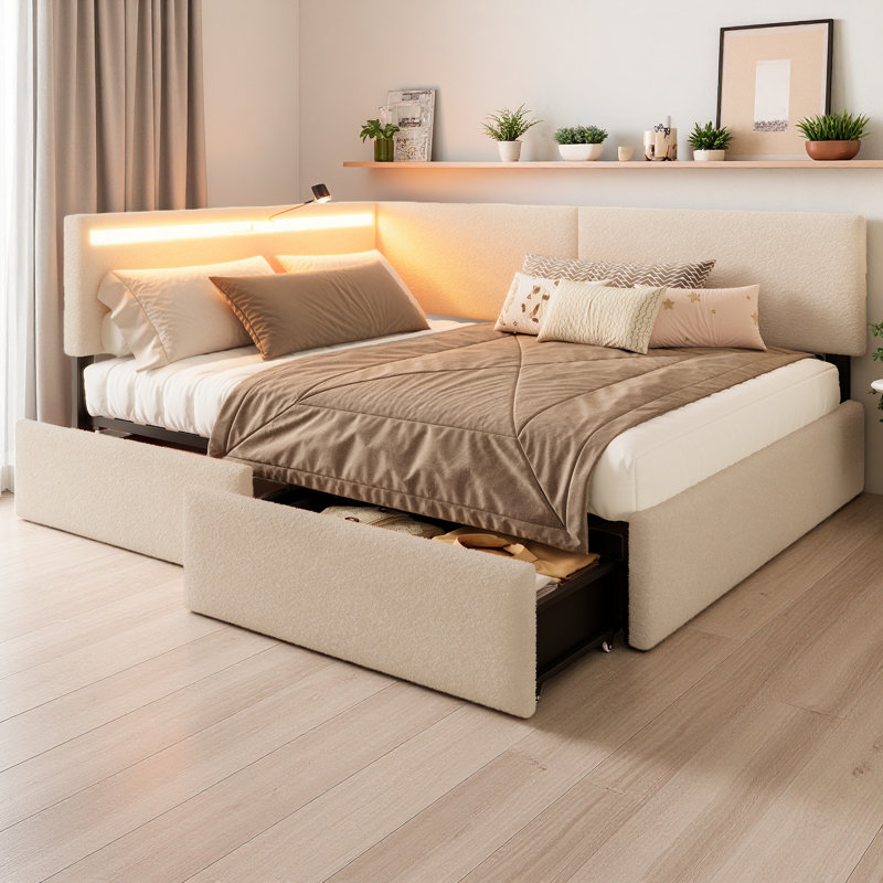 Structure de lit simple, lit tapissier avec 2 tiroirs de rangement, conception à DEL et USB, aucun sommier nécessaire, beige