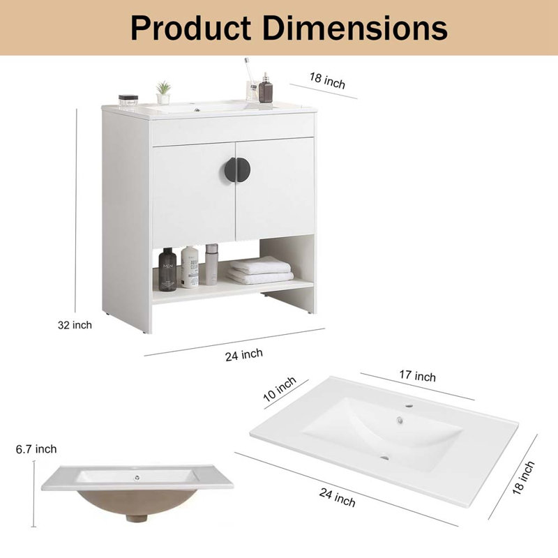 23.6 " W Free Standing Wall Mounted Single Double Single Vanity Bathroom Vanity With Ceramic Top, White