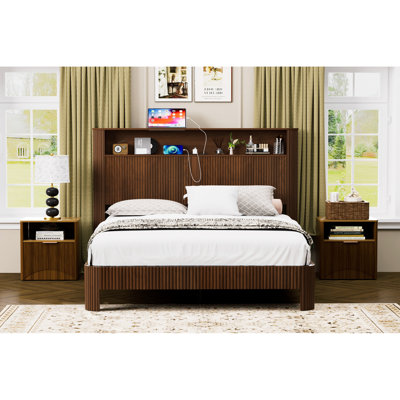 Walnut Bed Frame For Queen Size, Wavy Design, Storage Headboard With Built - In Charging Ports, Noise Metal Size Color, Curved Lines, 2 Ac And Silent High Weight Capacity