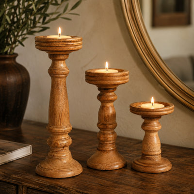 Chennai Mango Wood Candle Holders - Light Burnt