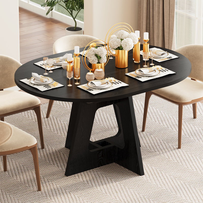 Table de salle à manger extensible ronde ovale pour 4-6 personnes avec tablette de rangement, Noir