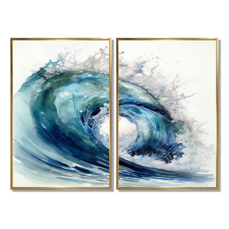 Mandell - Grande plage moderne, estampes d'art sur toile, 2 pièces, H 36 po x l 48 po, Reproduction avec cadre flottant, Doré
