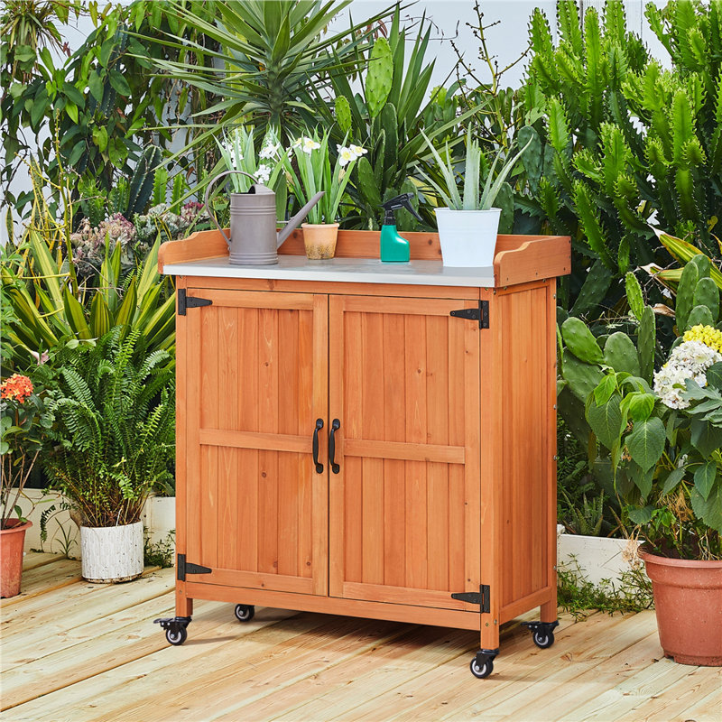 Table de jardin 40 po avec roulettes verrouillables, Brun