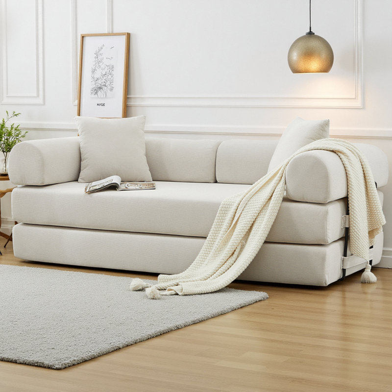 Canapé-lit pliant en velours côtelé 78,5 po 78,5 po avec 2 coussins et matelas à ressorts en mousse pour le salon, aucun assemblage requis