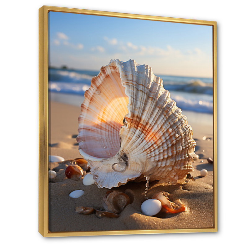 Travell White Seashell Close Up III sur toile, H 32 po x l 16 po x P 1 po, Cadre flottant doré