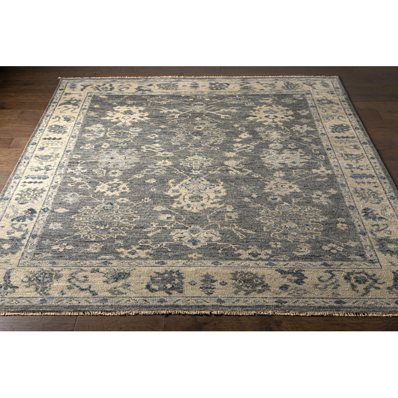 Airlia Oriental Hand-Knotted Wool Charcoal/Blue/Yellow Area Rug, Rectangle 4' x 6'