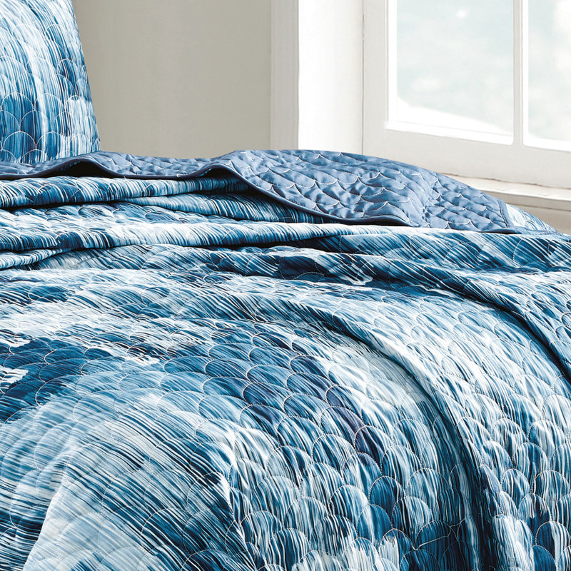 Blue Organic Cotton Reversible Queen Bedspread Set