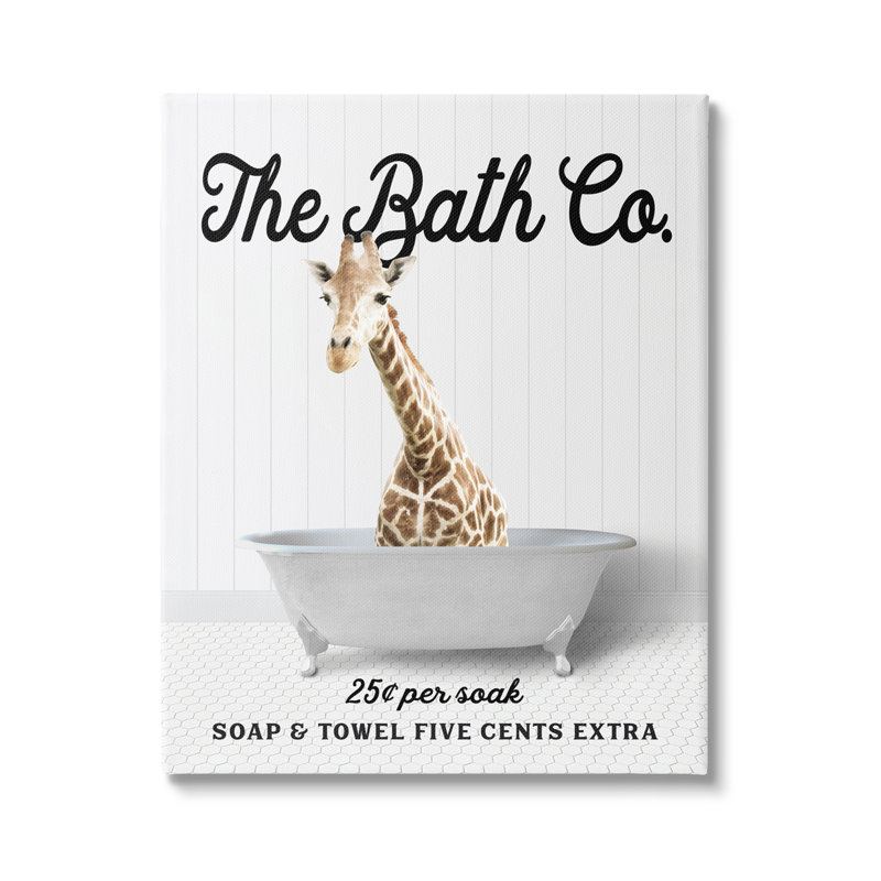 «Trinx Vintage Bath Ad Giraffe», art de la giclée encadrée par lettré et doublé, Giclée encadrée blanc bord de mer