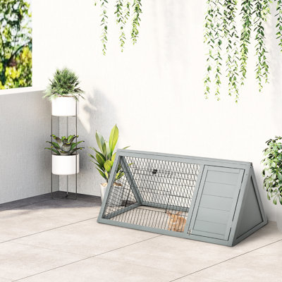 Grey Wooden Rabbit With Outside Run & Ventilating Wire - 46" X 24", Compact Portable For Active Small Creatures Cage Airy Mesh, 24" Animal Care