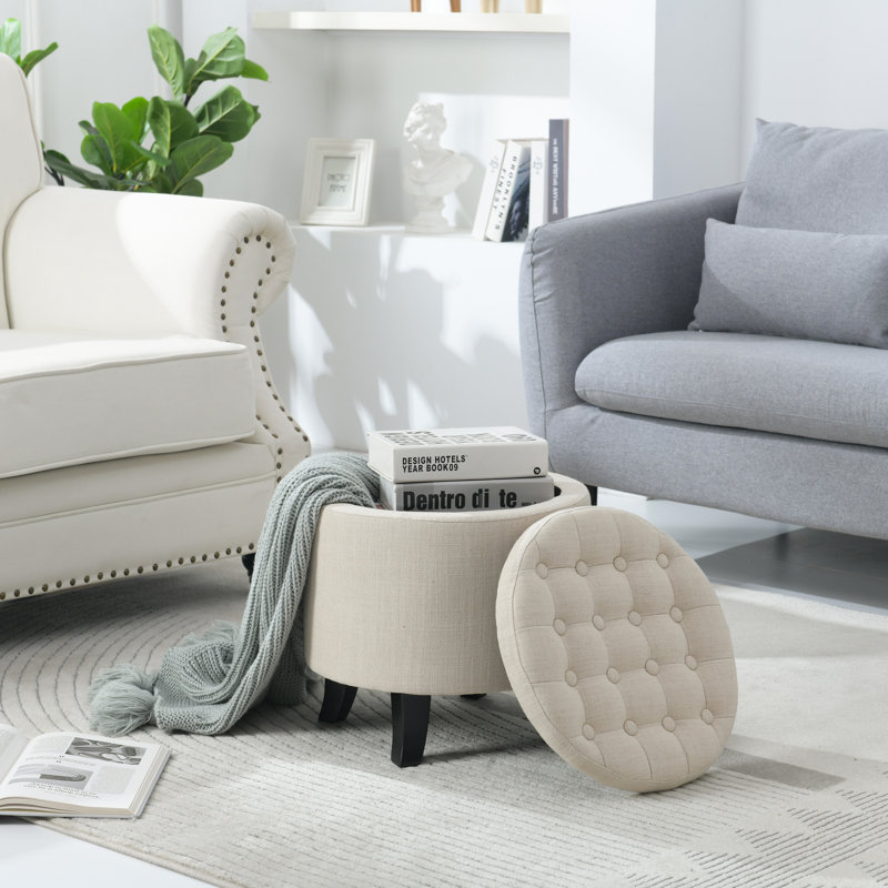 Anagha Tufted Round Upholstered Storage Ottoman, Beige