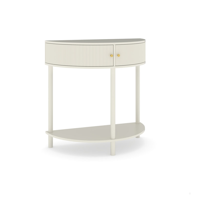 Unique Half Moon Design End Table with 2 Storage Drawers and Bottom Shelf, Cream White