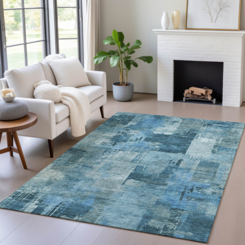 Tapis bleu intérieur / extérieur lavable à la machine Xhevrie, Rectangle 10 pi x 14 pi