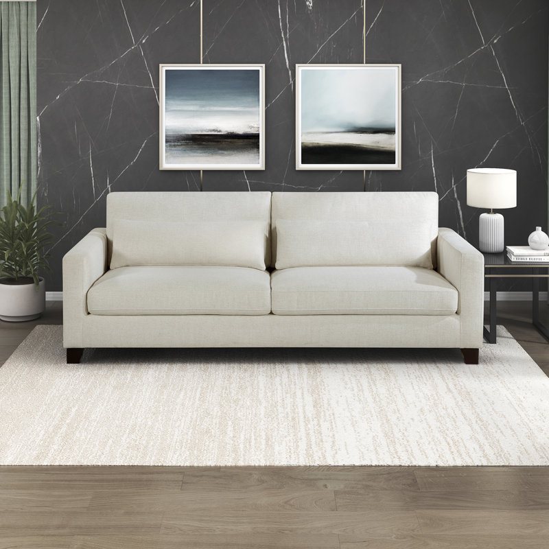 Canapé en tissu texturé moderne et contemporain avec coussins et pieds en bois massif de 88,5 po