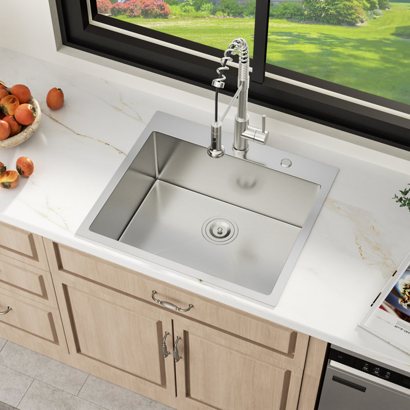 Évier de cuisine à simple cuve en acier inoxydable encastrable L 25 po x l 22 po, Argent