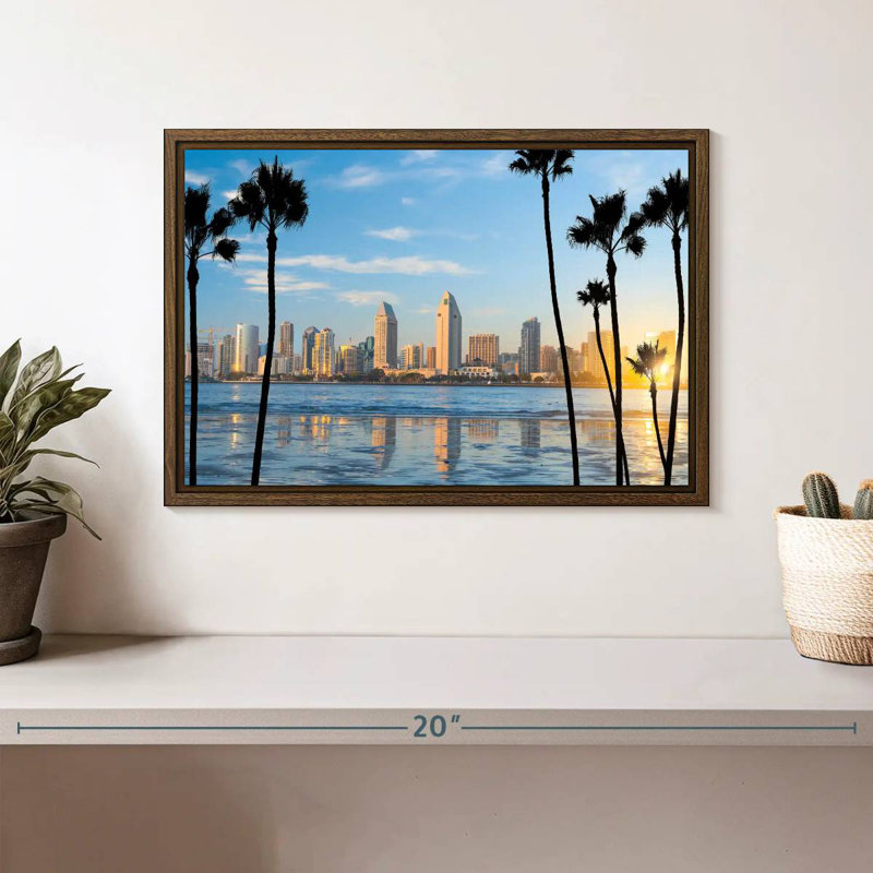 Horizon du centre-ville de San Diego, 13 po x 9 po, Cadre flottant noyer