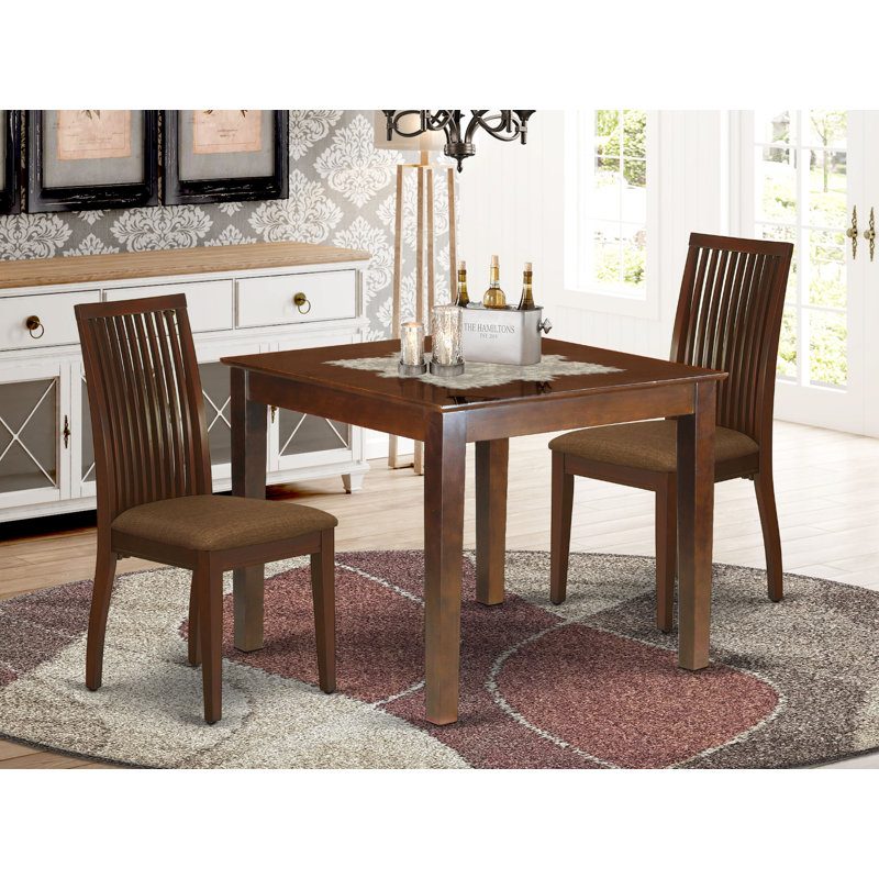 Gazaway Solid Wood Top Four Leg Dining Set, Mahogany, 3 Pieces: 1 Table, 2 Chairs, Faux Leather