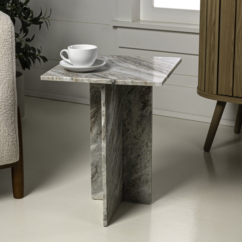 Table d'appoint Cecil Modern 18,5 po carrée en marbre naturel avec base en croix, gris et beige, Beige Marble