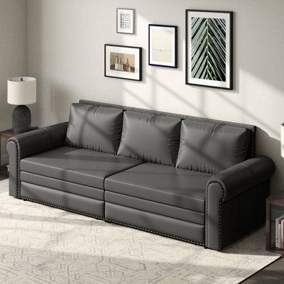 94" Faux Leather Upholstered Sleeper Sofa, King-Size Pull-Out Sofa Bed, Convertible Sleeper Couch, Gray