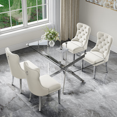 Ensemble de salle à manger 5 pièces Modern Glam avec table en verre trempé et 4 chaises rembourrées en velours