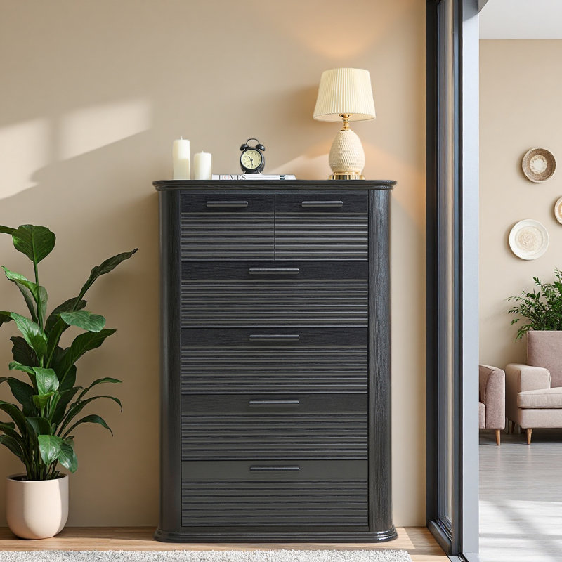 Commode 6 tiroirs pour la chambre à coucher, commode haute 45 po avec profil incurvé, commode cannelée en bois, rangement de tiroir moderne pour la chambre à coucher