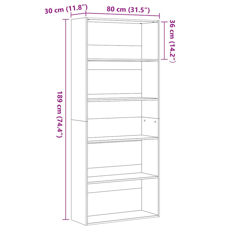 Athema Standard Bookcase, Black Oak, (5 Shelves) 189cmH x 80cmW x 30cmD