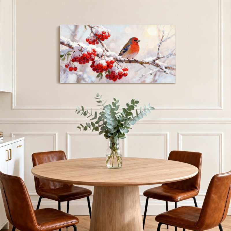 Animaux, oiseau d'hiver sur une branche enneigée avec baies, H 24 po x l 48 po
