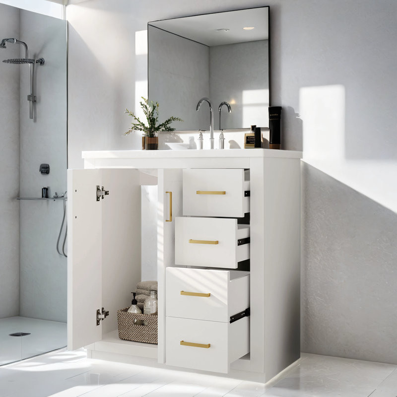 Abida 30'' Single Bathroom Vanity with Ceramic Top, White