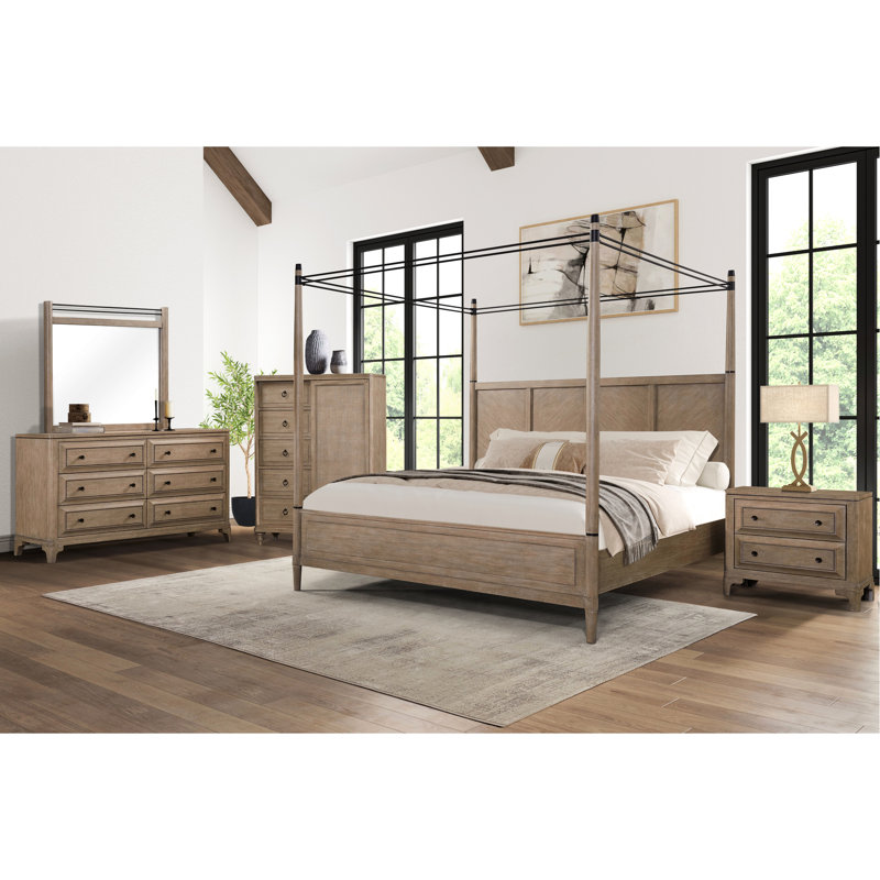 King Bed In Sand Coloured Wood With A Veneer Headboard And Casual Style Herringbone Pattern Solid Materials