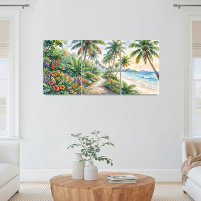 «Tropical Paradise Palm Trees and Flowers», reproduction d'art sur toile tendue sur toile, ensemble de 3
