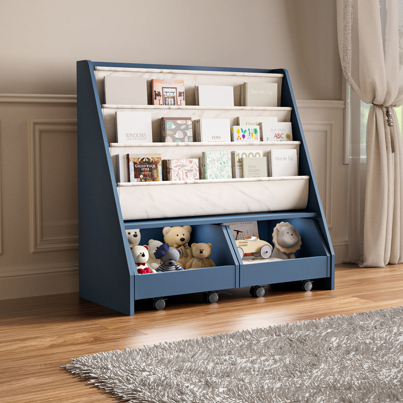 Kids Standard Bookcase Storage Shelving Unit With Wheels, Lake Green