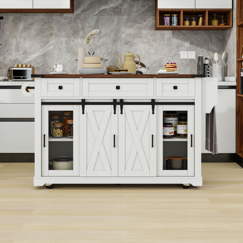 Îlot de cuisine roulant avec abattant, support, tiroirs et station de charge, White