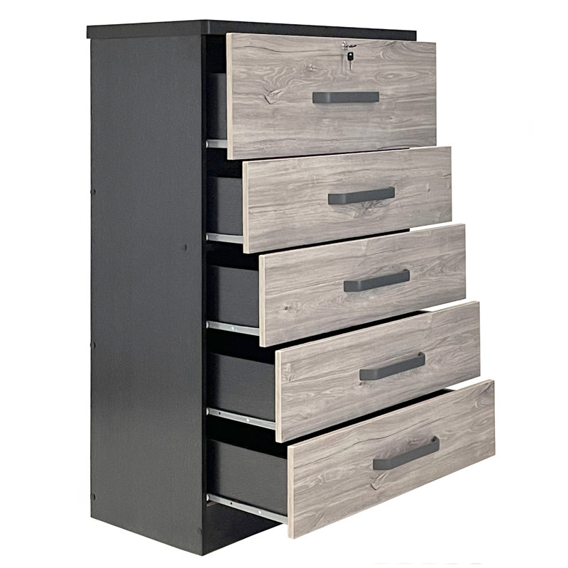 Chest With Large Drawers and Lock 31.5"W, Black/Grey Oak
