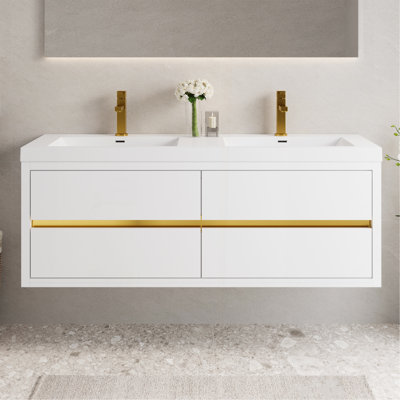Meuble-lavabo mural 60 po avec lavabo, meuble de rangement flottant pour salle de bain avec comptoir en résine de pierre et tiroirs à fermeture en douceur, blanc brillant