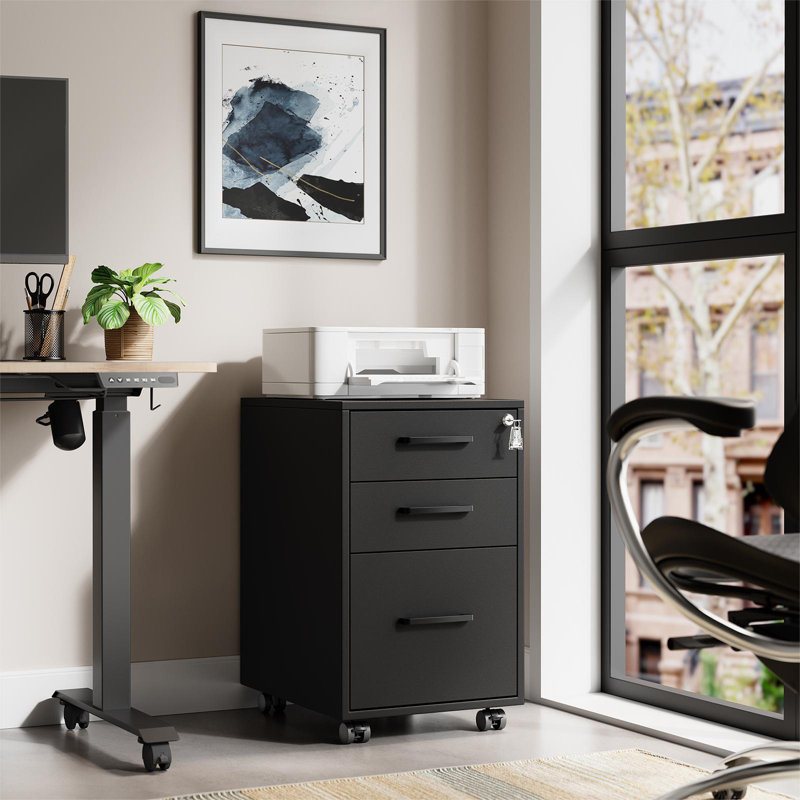 Matte Black Mobile 3-Drawer Lockable File Cabinet