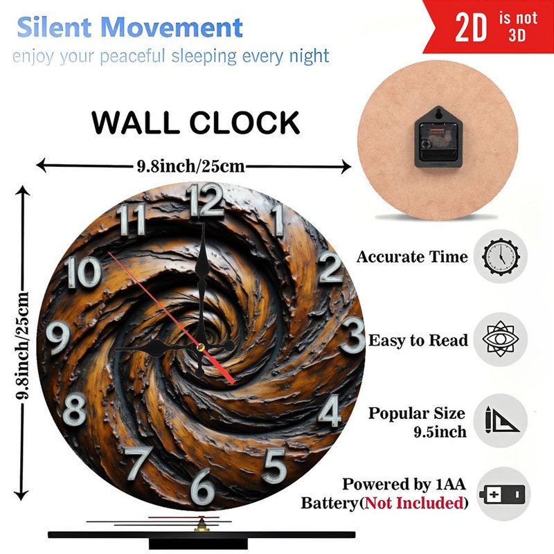 Horloge murale 10 po en MDF rond avec mouvement à quartz silencieux et crochet sans perceuse (piles AA non incluses)