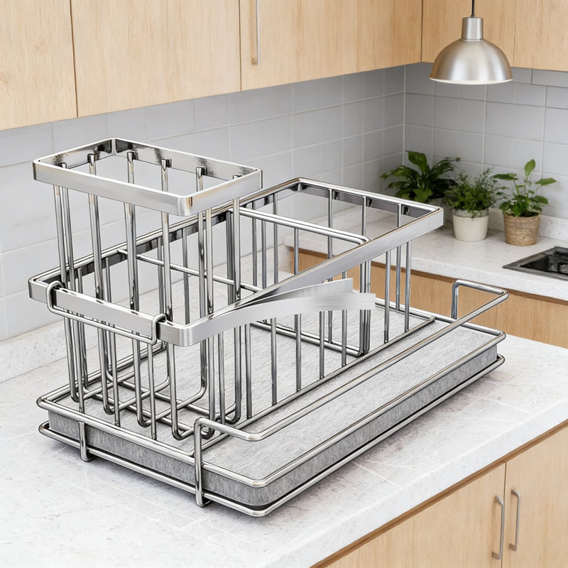 Serviteur d'évier en acier inoxydable avec tapis de pierre de séchage, porte-brosse et 3 compartiments, Argent argent