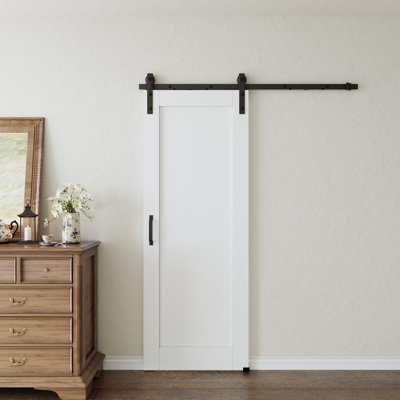 80"H X 28"W Solid Manufactured Wood Panel White Primed Sliding Barn Door With Installation Hardware Kit (No Assembly Required & Soft Close Included)