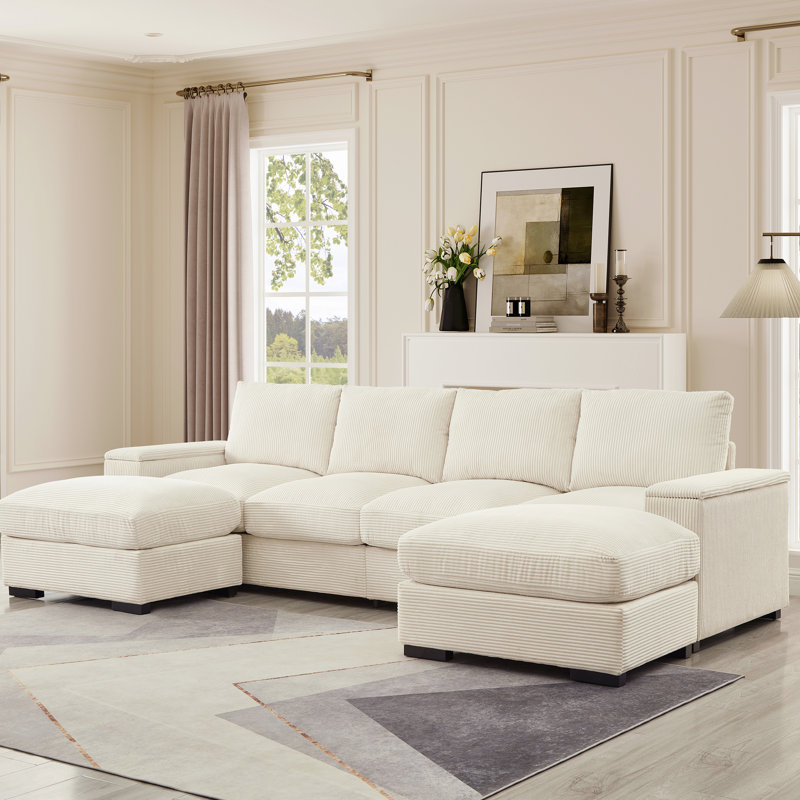 Spacieux en forme de U avec repose-pieds, revêtement en velours côtelé, coussins moelleux pour le salon, appartement, bureau, 4 et 2, tissu beige rembourré confortable, espace de travail confortable à assise profonde,