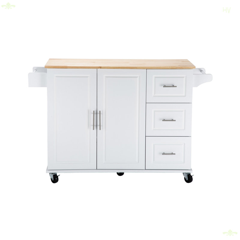 Mobile Kitehcn Island With Extensible Rubber Wood Table Top, White