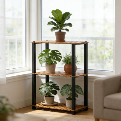 3-Tier Plant Stand Indoor Outdoor, Turn-N-Tube Wooden Plant Shelf With Square Poles, Space-Saving Vertical Storage For Potted Plants, Herbs, And Home Decor