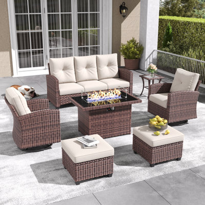Lark Manor™ 7 Pieces Patio Furniture Set with Swivel Chairs, Rattan Wicker Rocking Glide Chairs with 44" Propane Gas Fire Pit Table Conversation Set
